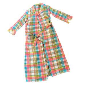 Vintage Retro Bold Neon Plaid Robe Long Novelty Housecoat Pink Blue